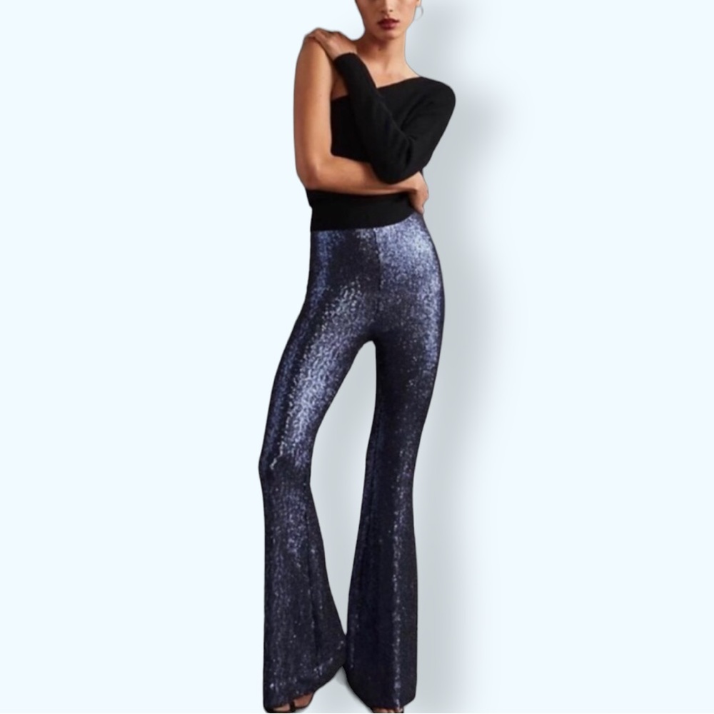 Anthropologie Joni Sequin 10 / Med Blue Metallic Flare Leg High Waist Pants